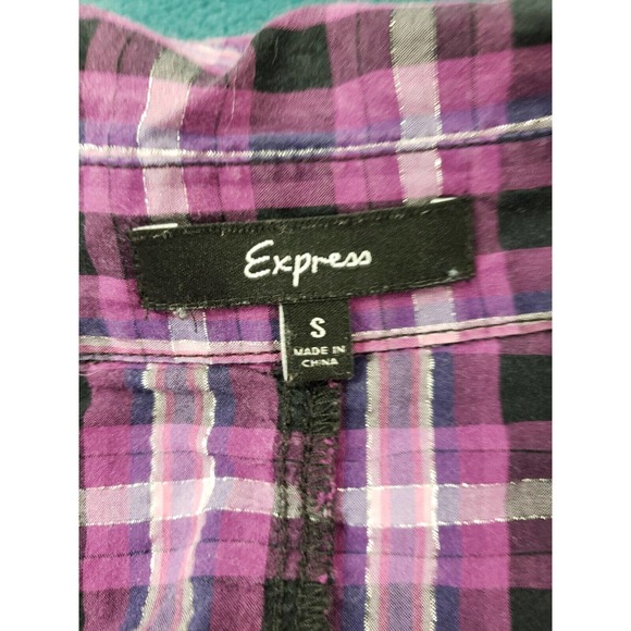 Express Womens Purple/Pink Plaid Rolled Tab Sleeves Size Small Metallic Accent - Picture 3 of 8